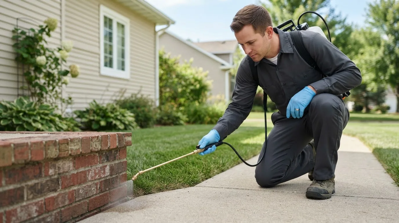 Pest control technician treating a home near Chandlers Valley, PA