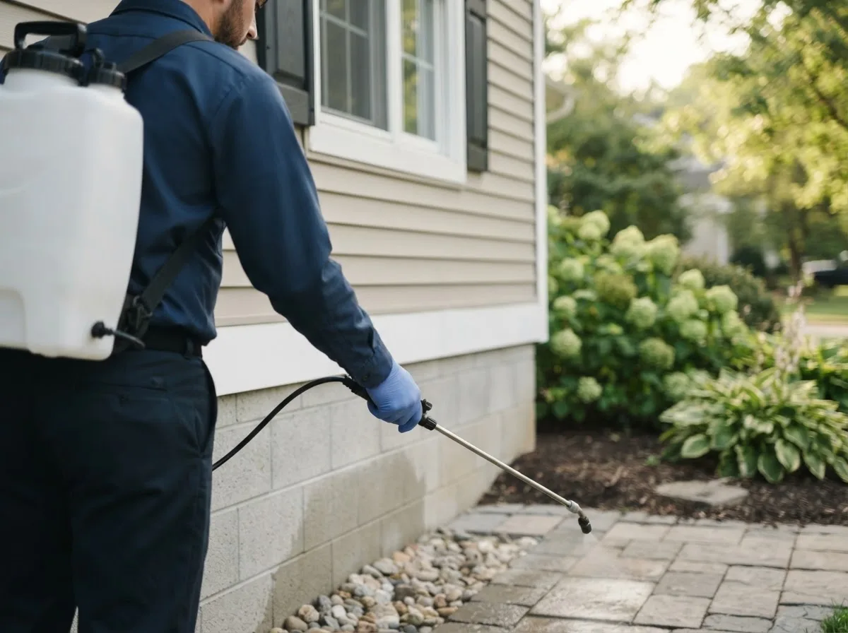 Pest control technician inspecting a home in Chandlers Valley, PA